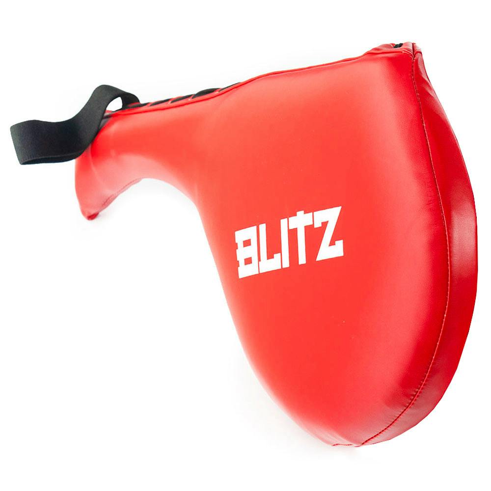 Red Blitz Thai pads, single bat type target pad for martial arts training, showing the padded surface and handle.