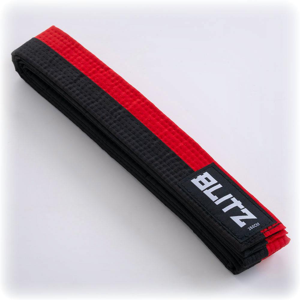 Black and red Blitz Split Length Martial Arts Belt, 4.5cm wide, with stitching details, suitable for martial arts uniforms.