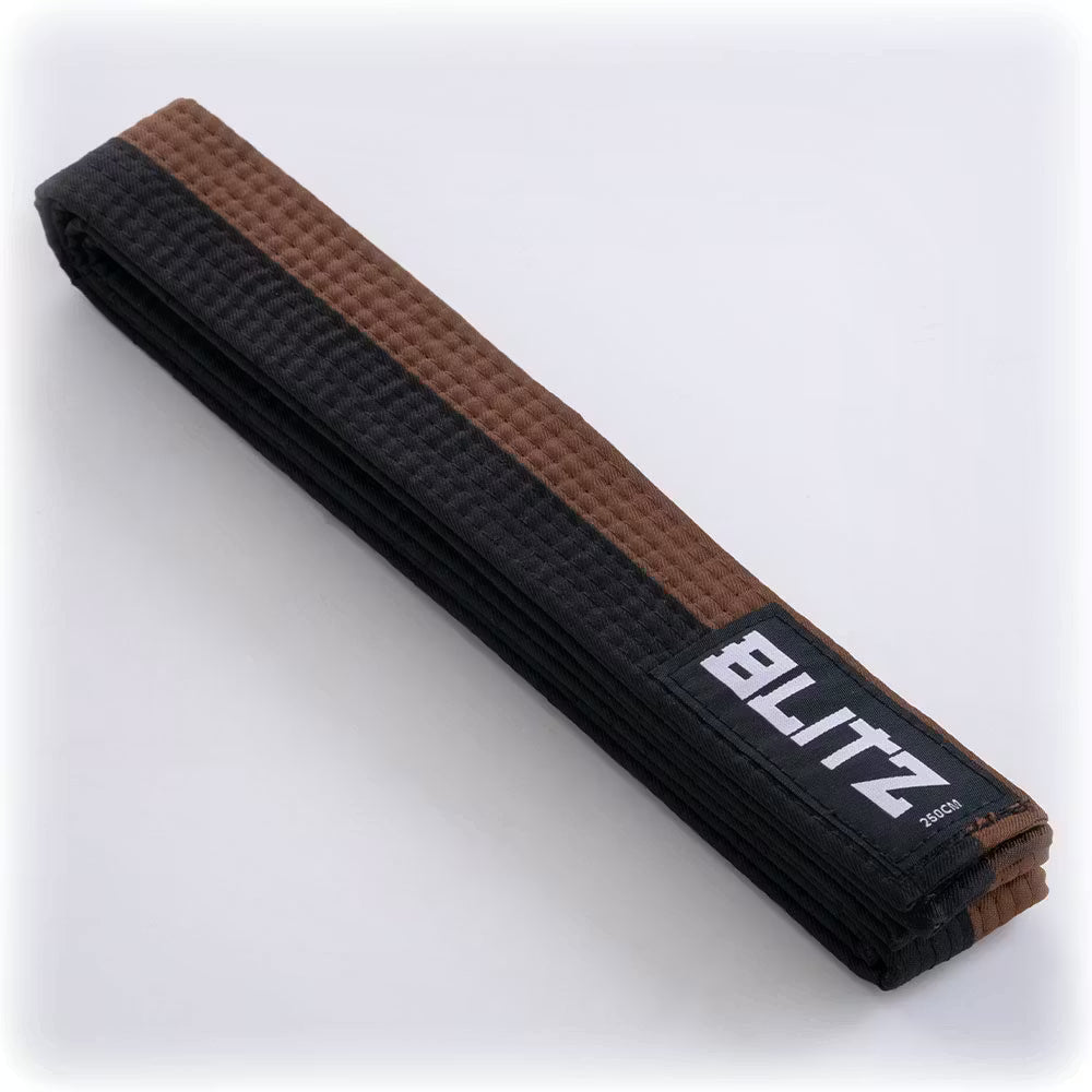 Black and brown Blitz split length martial arts belt with 4.5cm width, made of durable material for training and competitions.