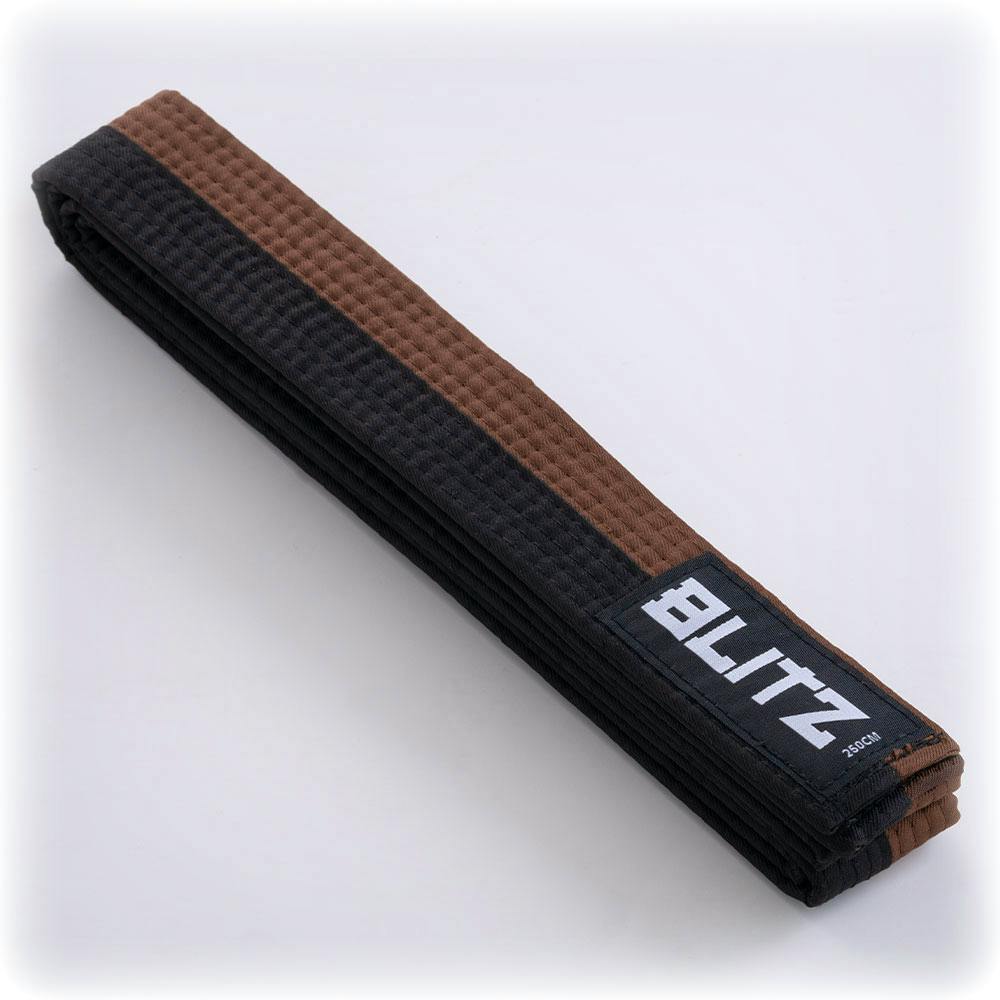 Blitz split length martial arts belt in brown and black with a 4.5cm width, showing the belt’s length and color details.