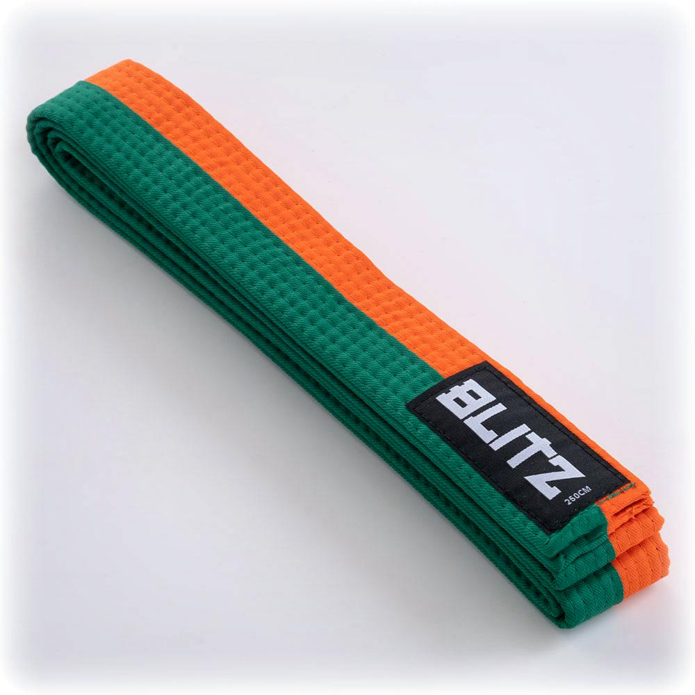 Green and orange Blitz split-length martial arts belt, 4.5cm wide, featuring reinforced stitching and traditional design.