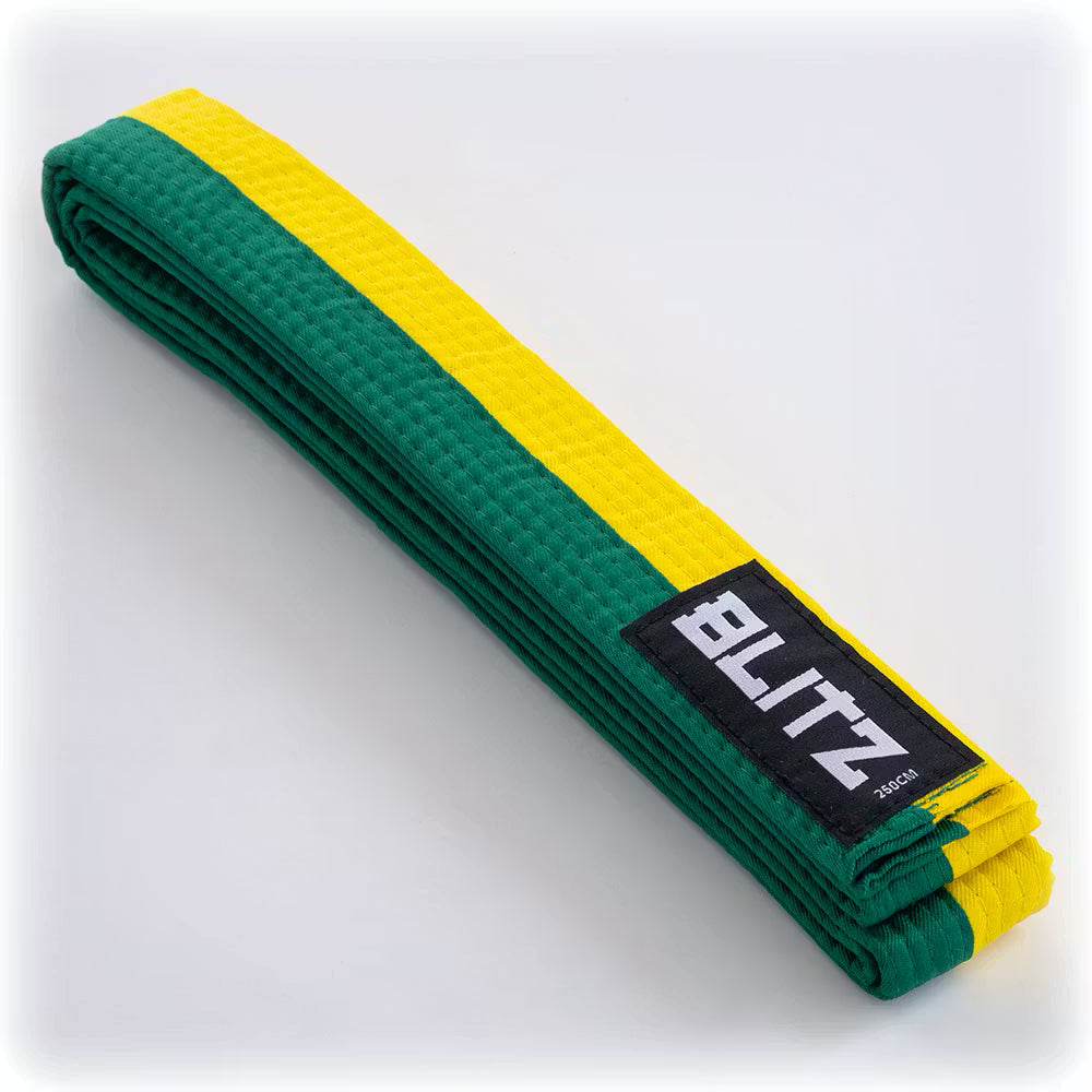 Green and yellow Blitz split-length martial arts belt, 4.5cm wide, with reinforced stitching and martial arts belt design.