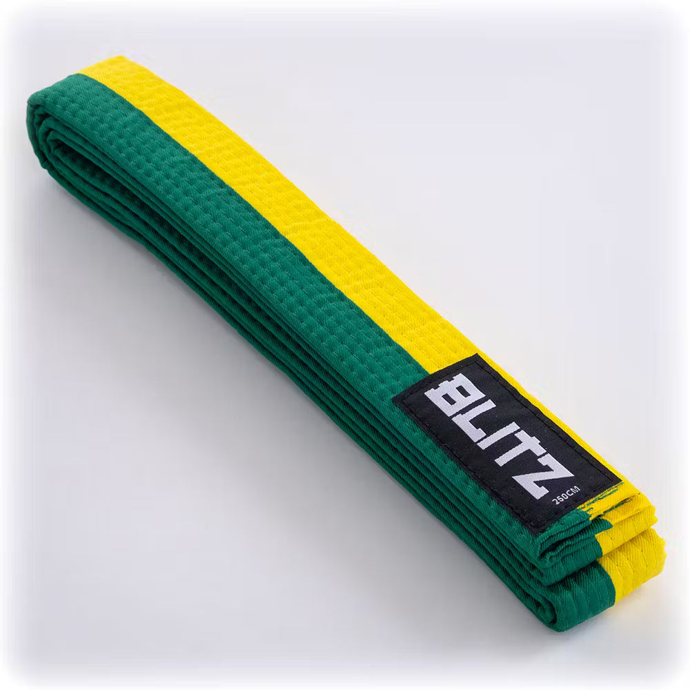 Green and yellow Blitz split-length martial arts belt, 4.5cm wide, with woven fabric and reinforced stitching for durability.