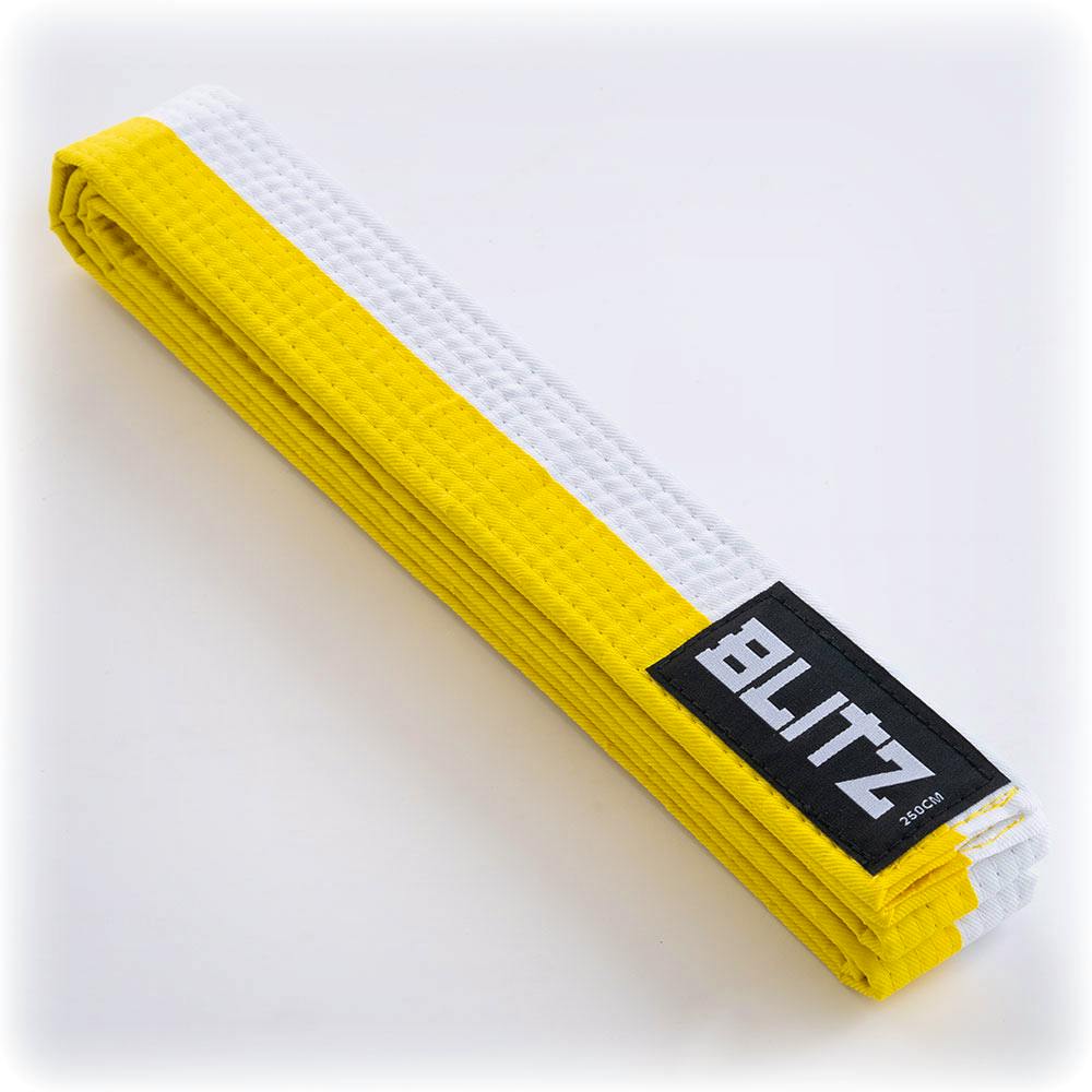 Blitz split-length martial arts belt in white and yellow, 4.5cm wide, designed for martial arts training and competitions.