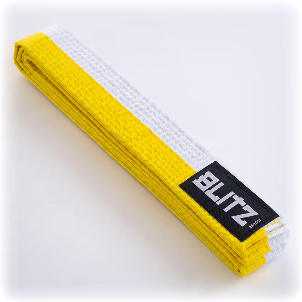 White and yellow Blitz split length martial arts belt with 4.5cm width, featuring adjustable length and reinforced stitching.