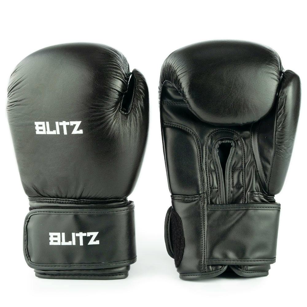 Black Blitz training boxing gloves with padded knuckles and adjustable wrist straps, designed for boxing training.