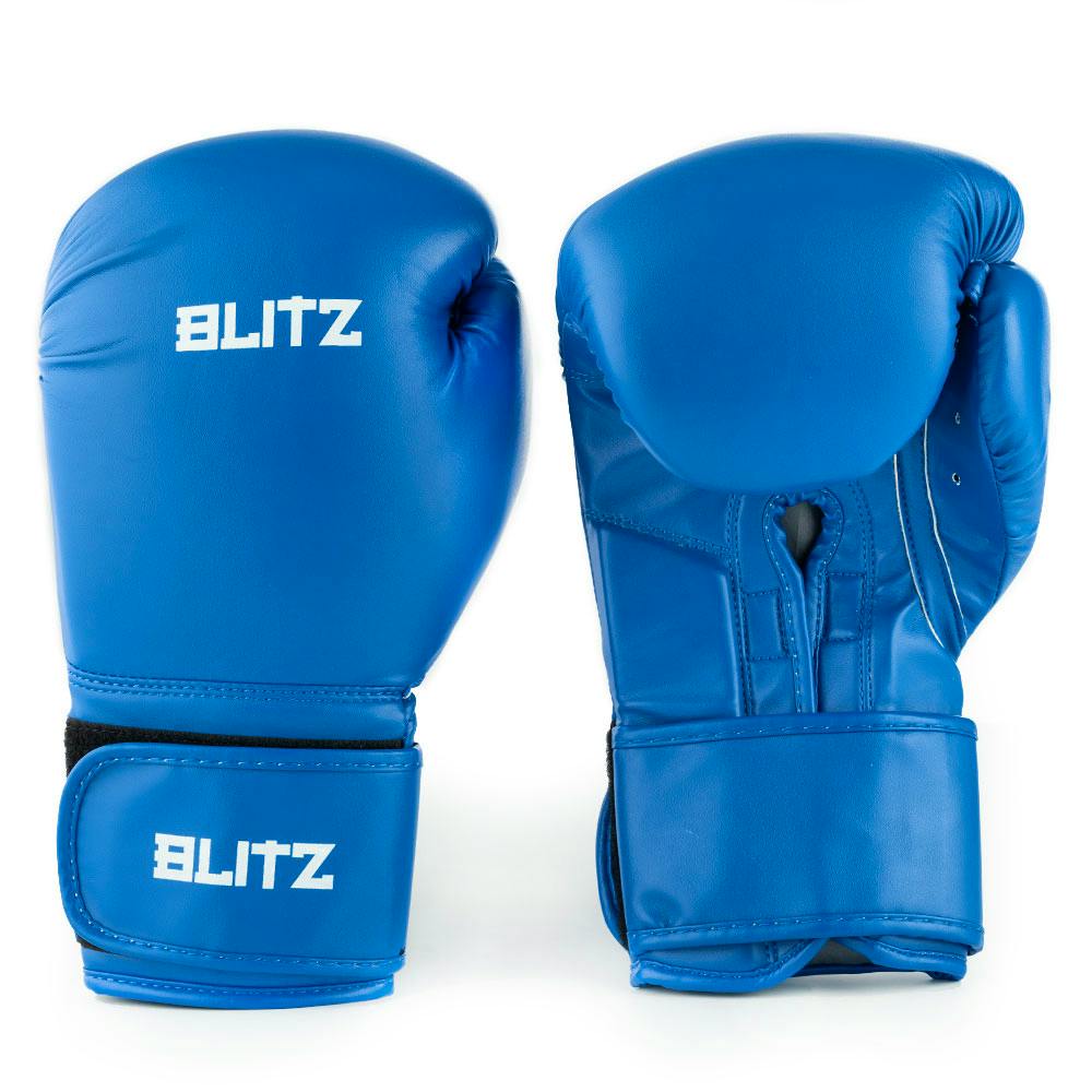 Blue Blitz training boxing gloves with padded wrist support and adjustable strap for optimal fit and protection during training.