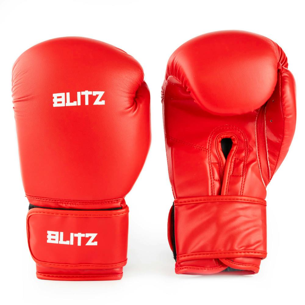 Red Blitz boxing gloves designed for training, featuring padded wrist support and durable leather construction.