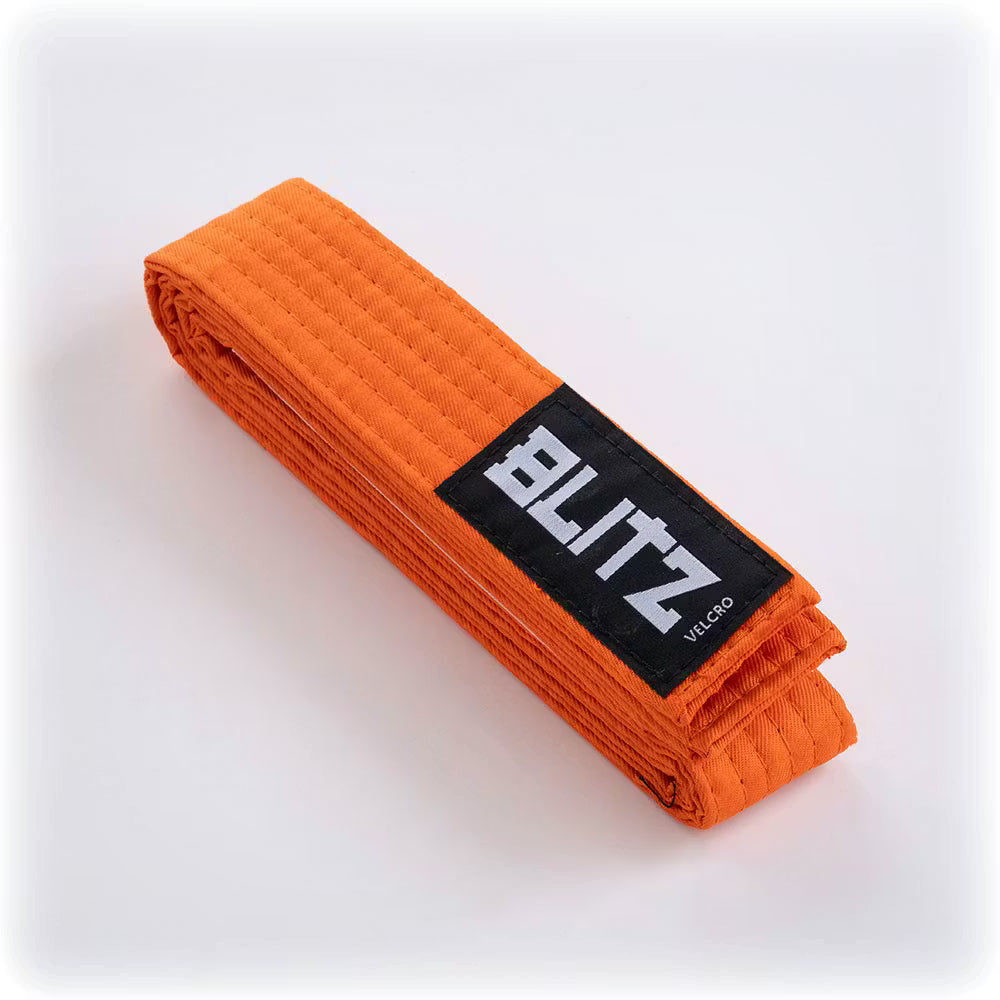 Orange Blitz Velcro belt for kids martial arts, 150cm, durable fabric, with adjustable Velcro closure, designed for martial arts training.