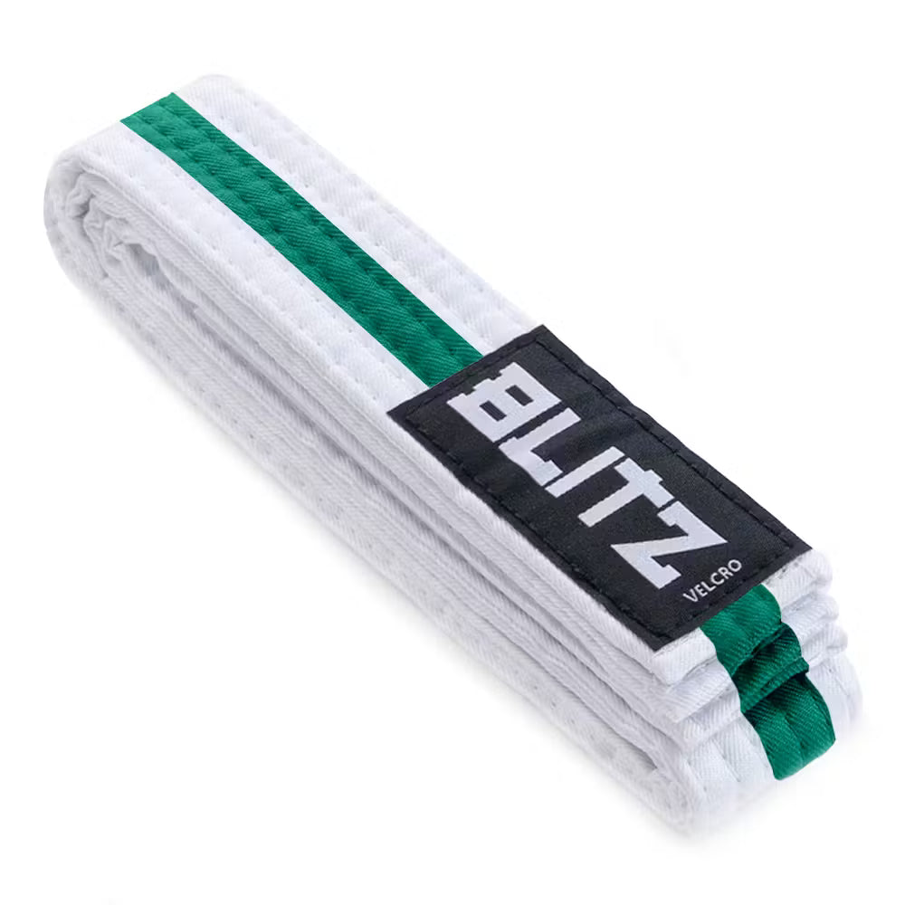 White and green Blitz Velcro belt for kids martial arts, 150cm, made of durable fabric with adjustable Velcro closure.