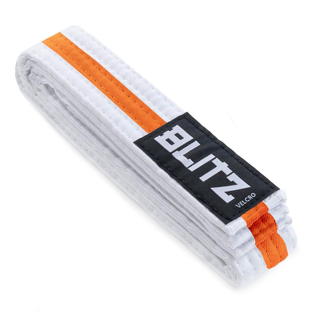 White and orange Blitz Velcro belt for kids martial arts, 150cm, made of durable fabric with adjustable Velcro closure.