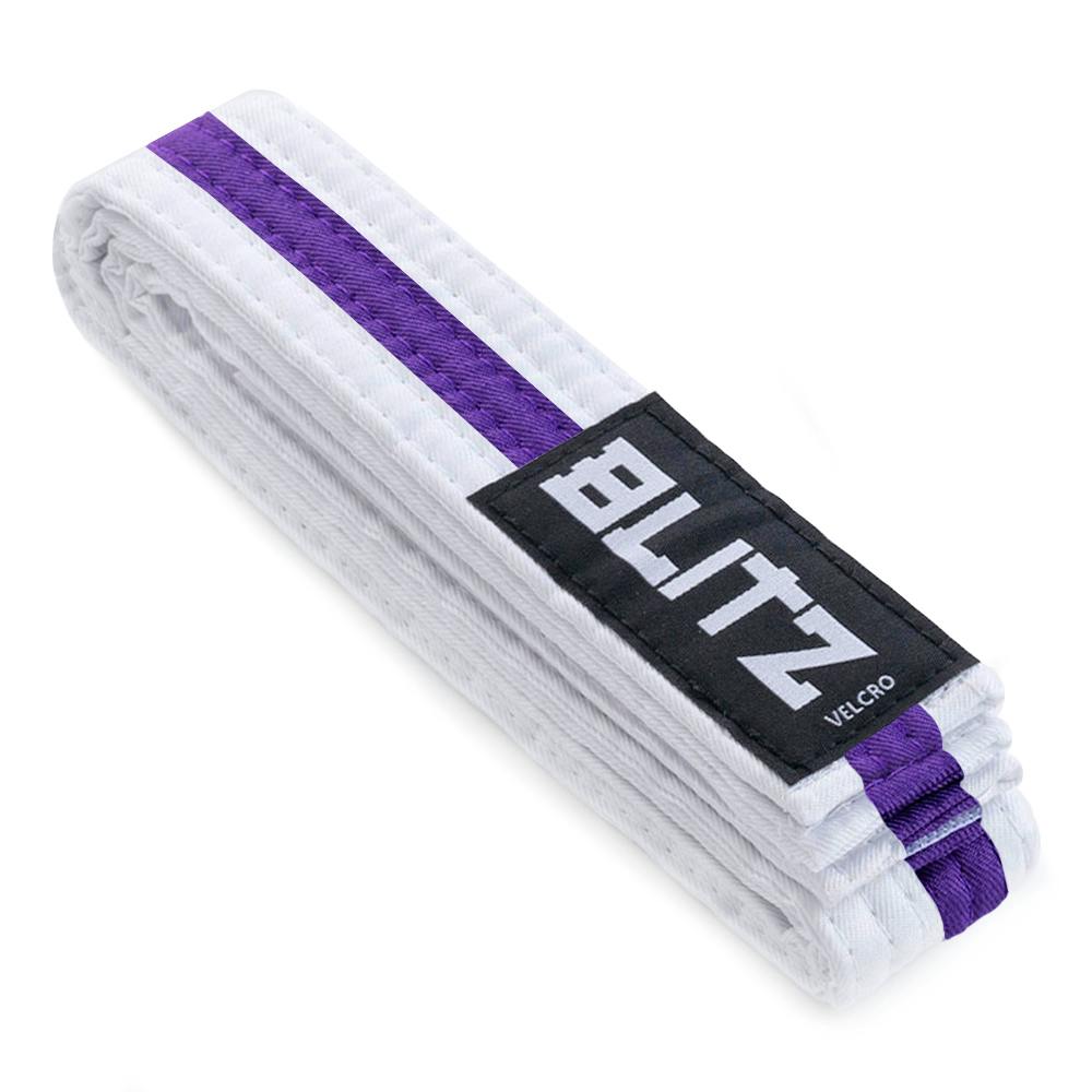 White and purple Blitz Velcro belt for kids martial arts, 150cm, adjustable clothing belt with secure fastening.