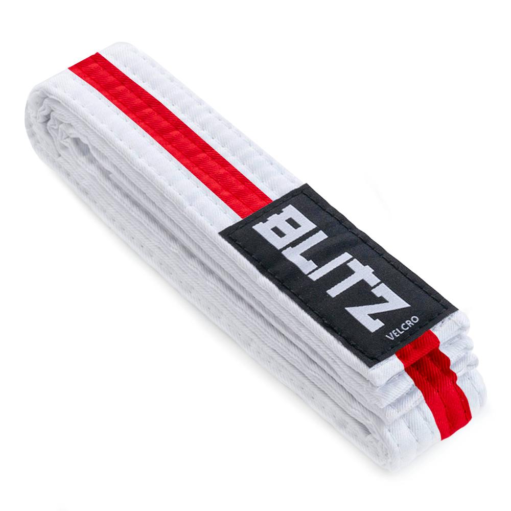 White and red Blitz Velcro belt for kids martial arts, 150cm, made of durable fabric with adjustable Velcro closure.