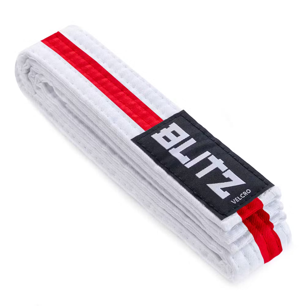 White and red Blitz Velcro belt for kids martial arts, 150cm, made of durable fabric with adjustable closure for training and competitions.