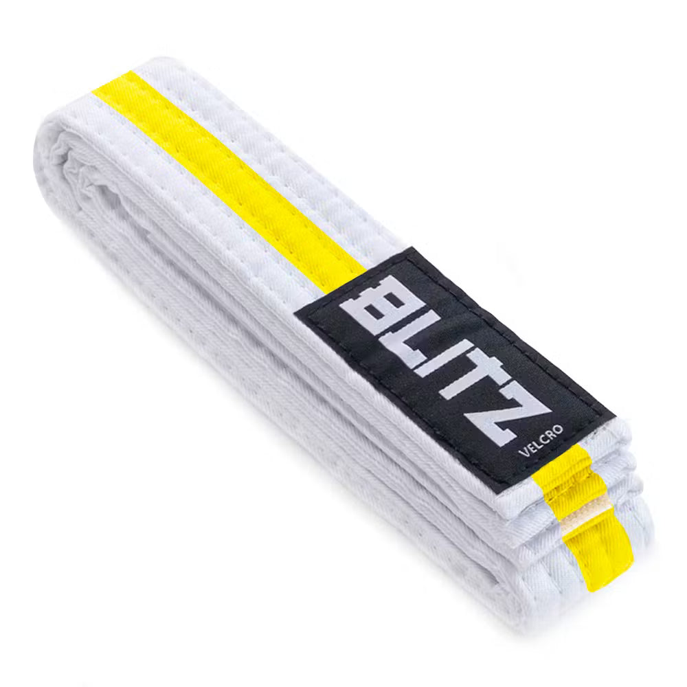 White and yellow Blitz Velcro belt for kids martial arts, 150cm, made of durable fabric with secure Velcro closure.