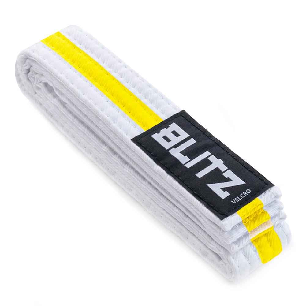 White and yellow Blitz Velcro belt for kids martial arts, 150cm, featuring adjustable Velcro closure and martial arts branding.