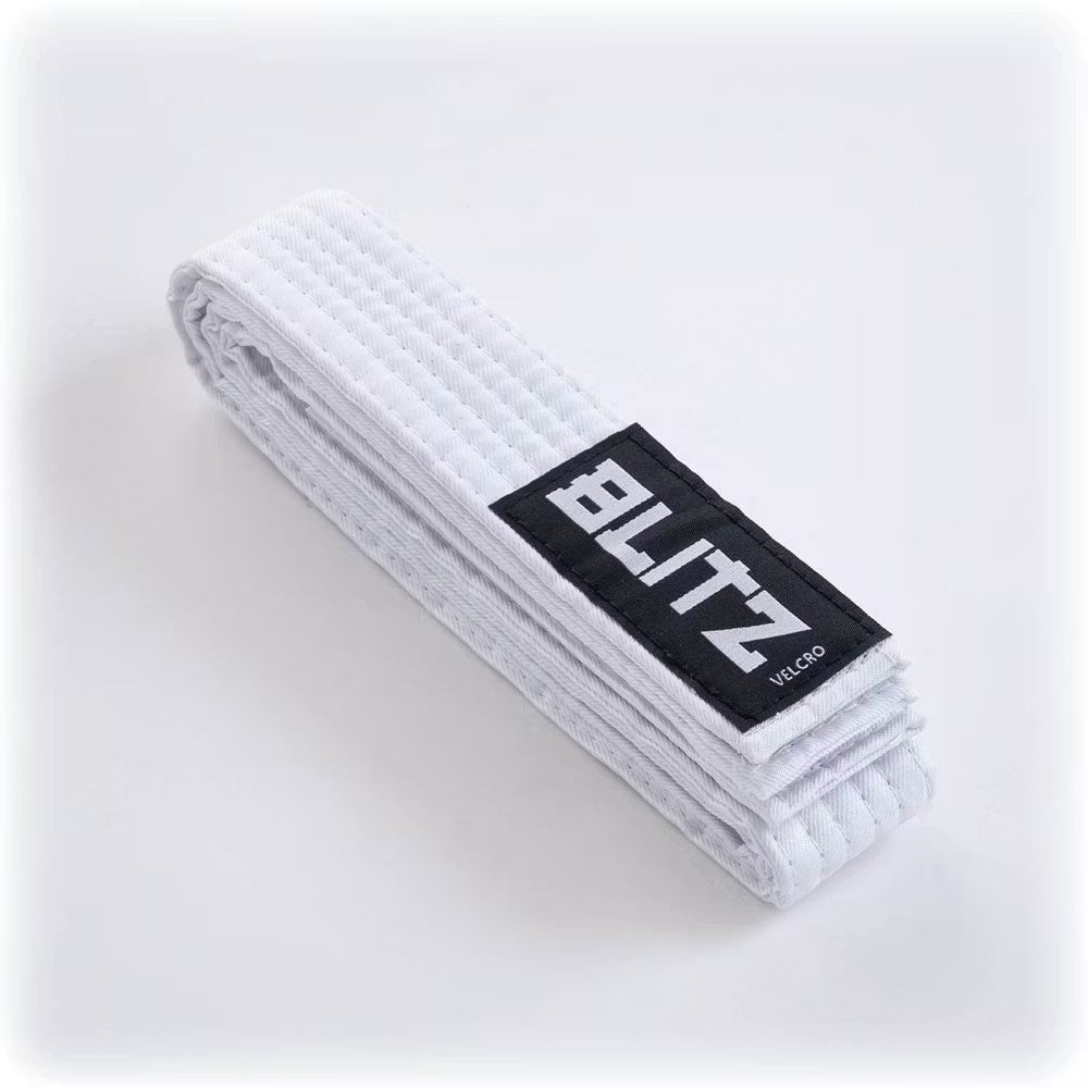 White Blitz Velcro belt for kids martial arts, 150cm long, with adjustable velcro closure for secure fit and easy wear.