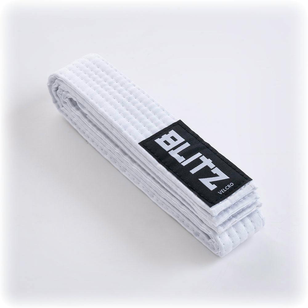 White Blitz Velcro belt for kids martial arts, 150cm, adjustable clothing belt with secure Velcro closure.