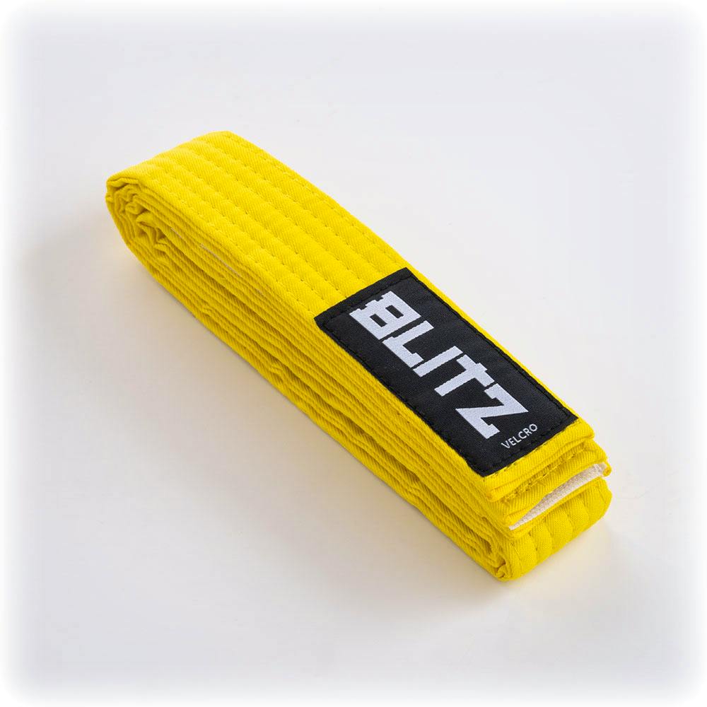 Yellow Blitz Velcro belt for kids' martial arts, 150cm, made of durable fabric with secure velcro fastening.
