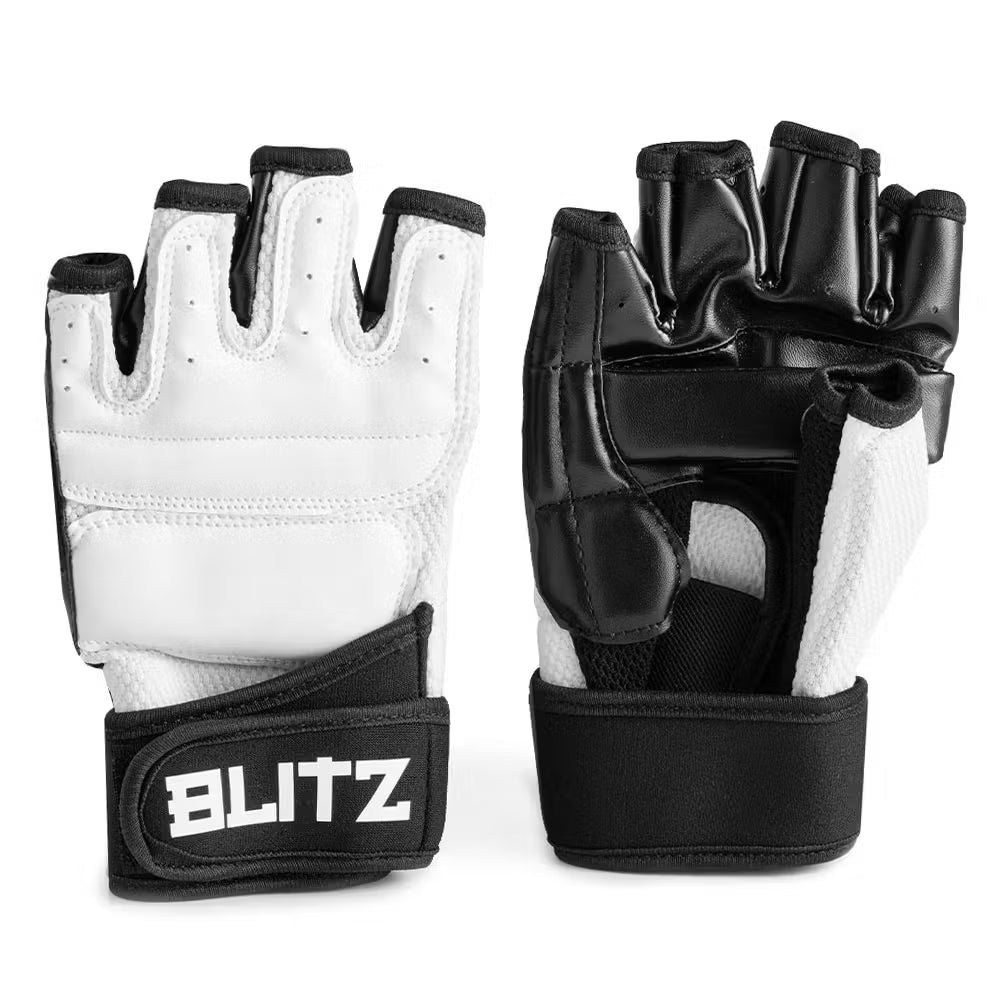 Black Blitz Viper sparring gloves with padded protection and adjustable wrist straps for martial arts training.