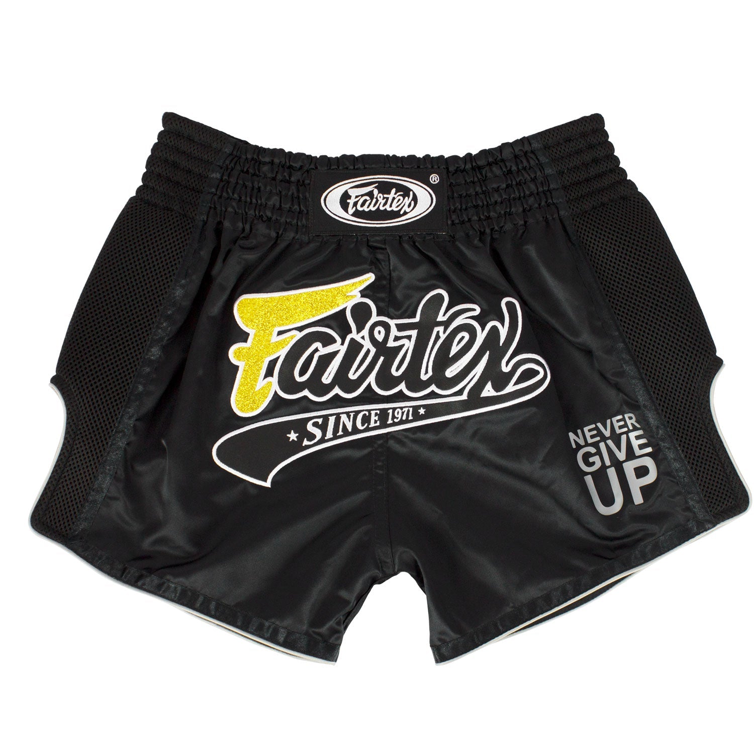 Black Fairtex Slim Fit Muaythai Shorts with logo, featuring a sleek design and comfortable fit for combat sports.