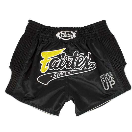 Black Fairtex Slim Fit Muaythai Shorts with logo, featuring a sleek design and comfortable fit for combat sports.