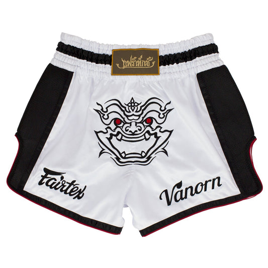Fairtex Slim Fit Muaythai Shorts Vanorn with logo, lightweight fabric, and athletic design for martial arts training and competition.