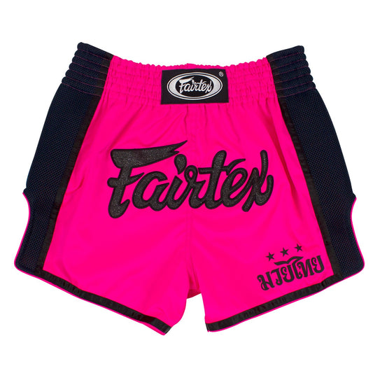 Fairtex pink slim fit Muaythai shorts with elastic waistband and bold logo, designed for martial arts training and competition.