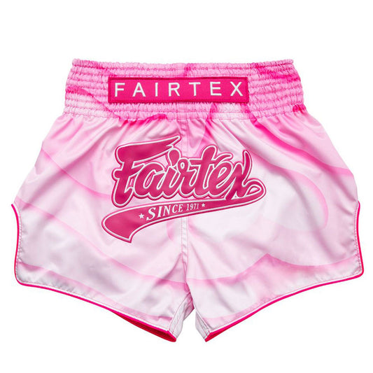 Fairtex Alma Muaythai shorts in black and red with bold branding, designed for martial arts training and competition.