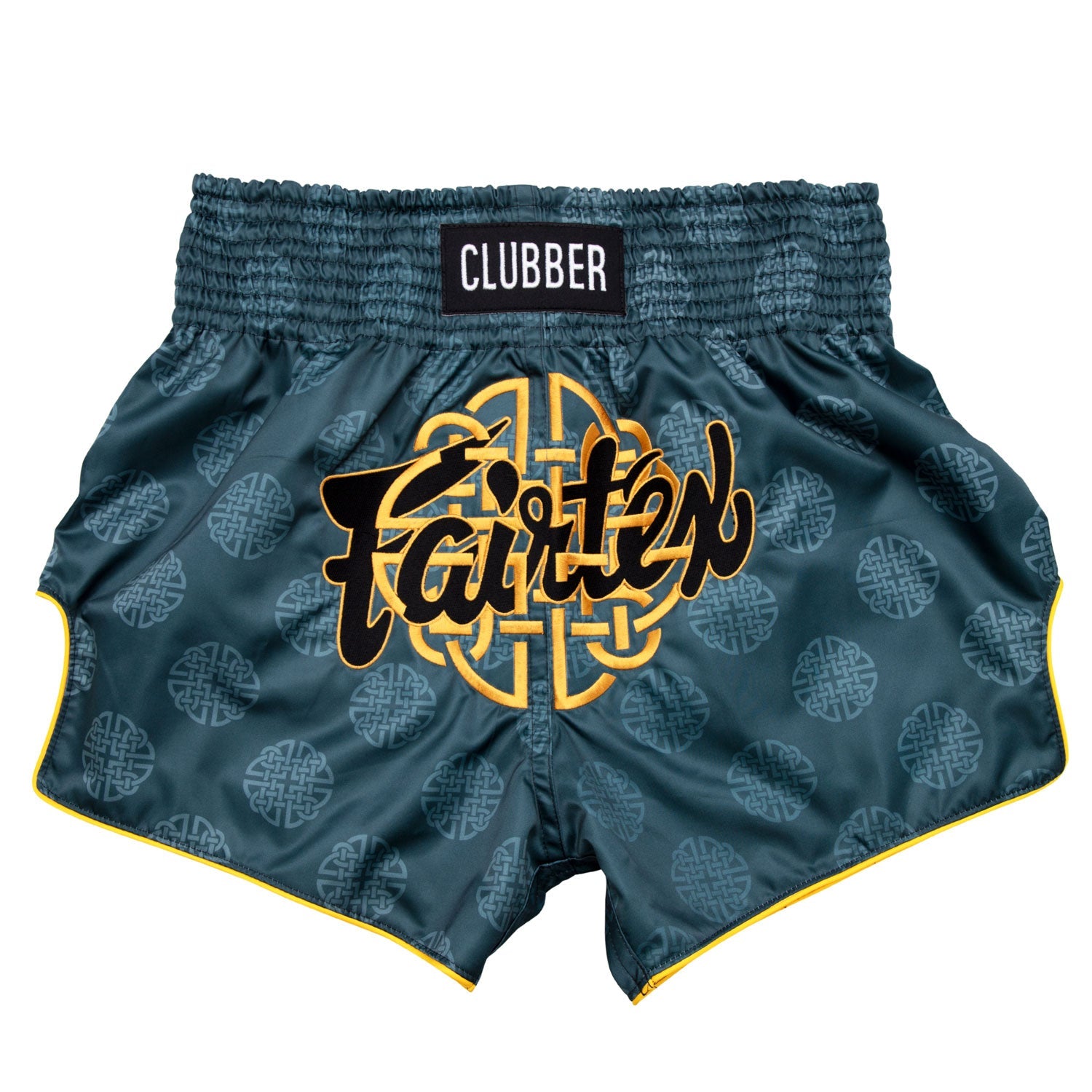 Fairtex Clubber Muaythai shorts with bold green and black design, made for martial arts training and competition.