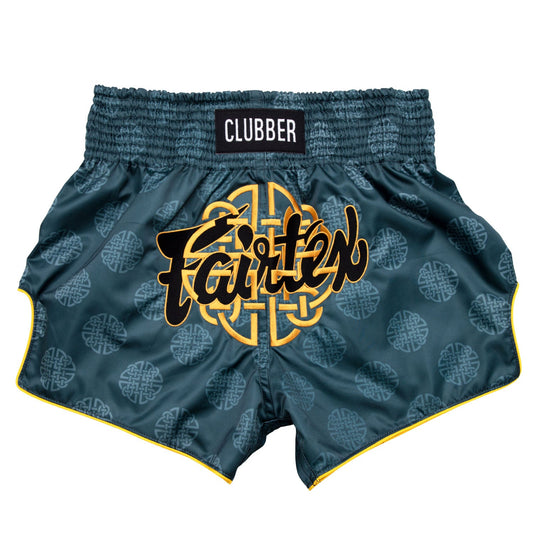 Fairtex Clubber Muaythai shorts with bold green and black design, made for martial arts training and competition.