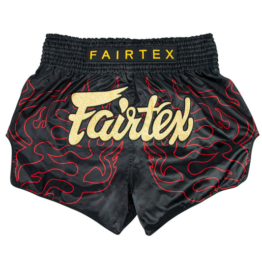 Fairtex Lava Muaythai Shorts in black, featuring bold lava design and lightweight fabric for martial arts training.