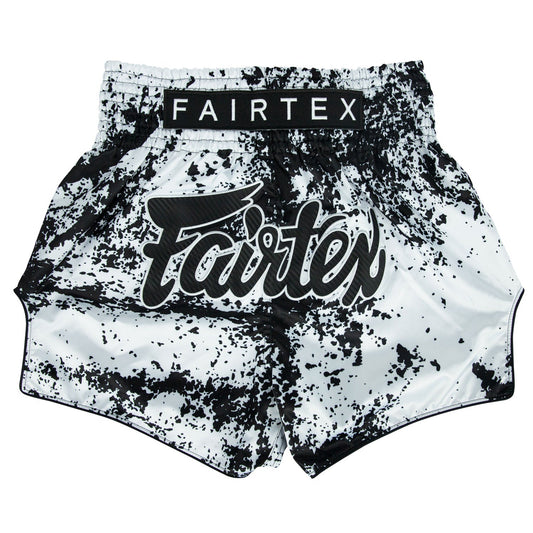 Fairtex Grunge White Muaythai Shorts with black and gray design, made from lightweight fabric, suitable for martial arts training