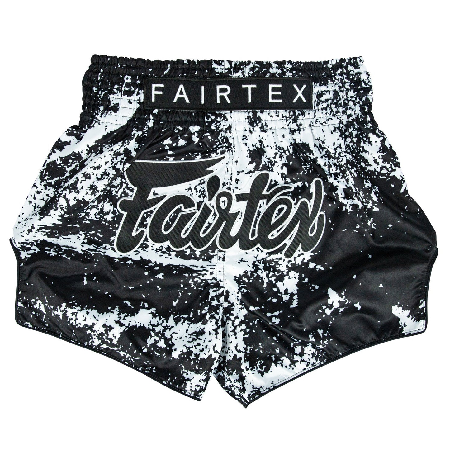 Fairtex Grunge Black Muaythai shorts with bold black and gray design, made for Muay Thai training and competition.