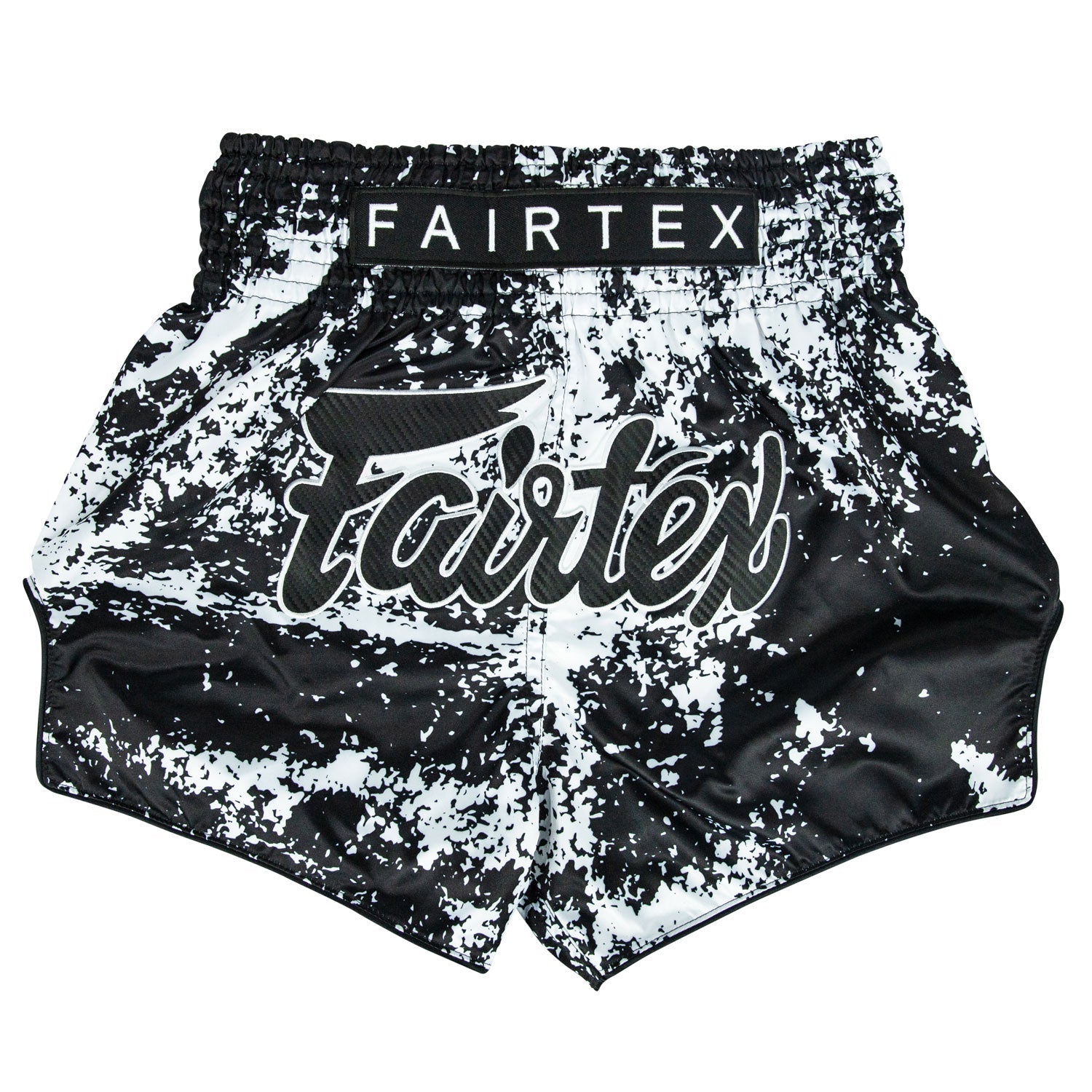 Fairtex Grunge Black Muaythai shorts with bold black and gray design, made for Muay Thai training and competition.
