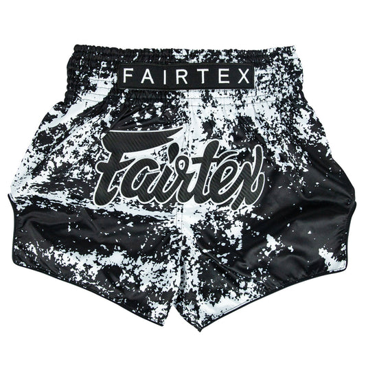 Fairtex Grunge Black Muaythai shorts with bold black and gray design, made for Muay Thai training and competition.