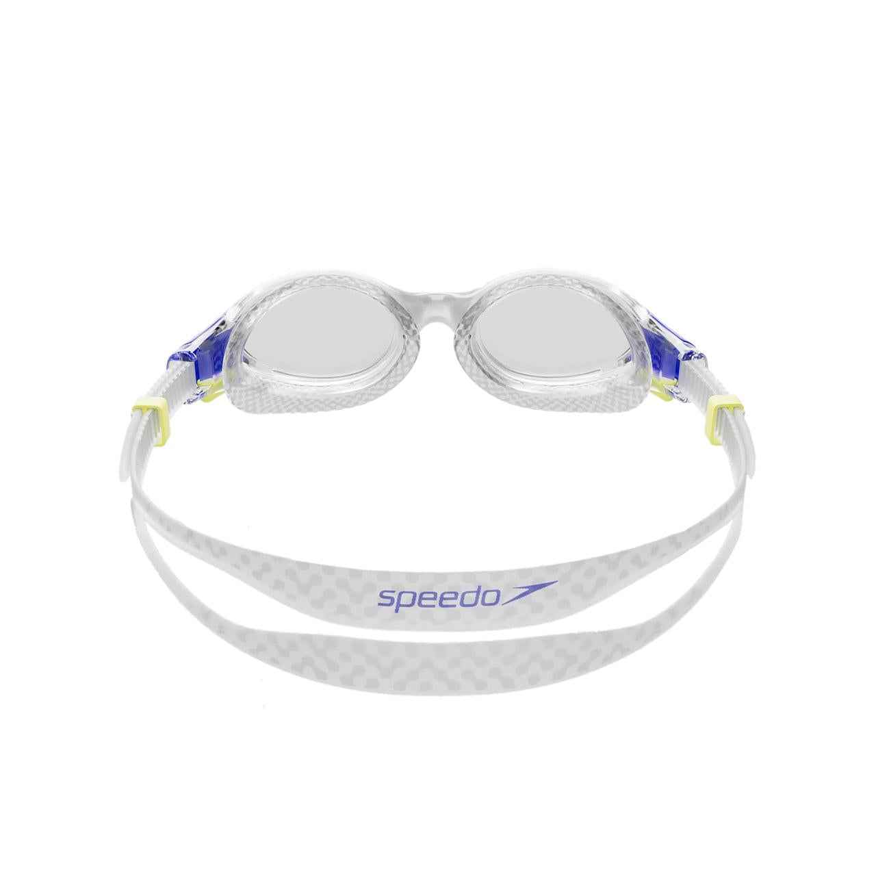 Speedo Biofuse Junior 2.0 swimming goggles with clear lenses and adjustable strap for kids' comfortable fit.
