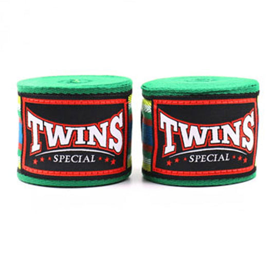 Twins Muay Thai Boxing 5m Cotton Handwraps Green Striped