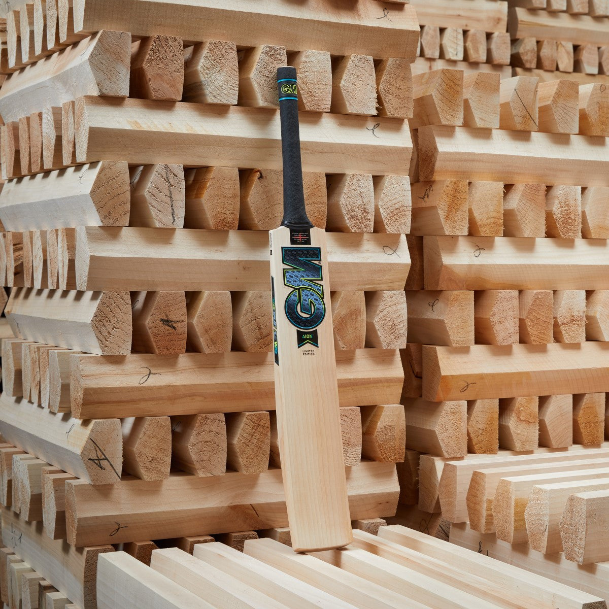 Gunn & Moore GM Aion 404 English Willow cricket bat with a light-colored blade and ergonomic handle for cricket play.