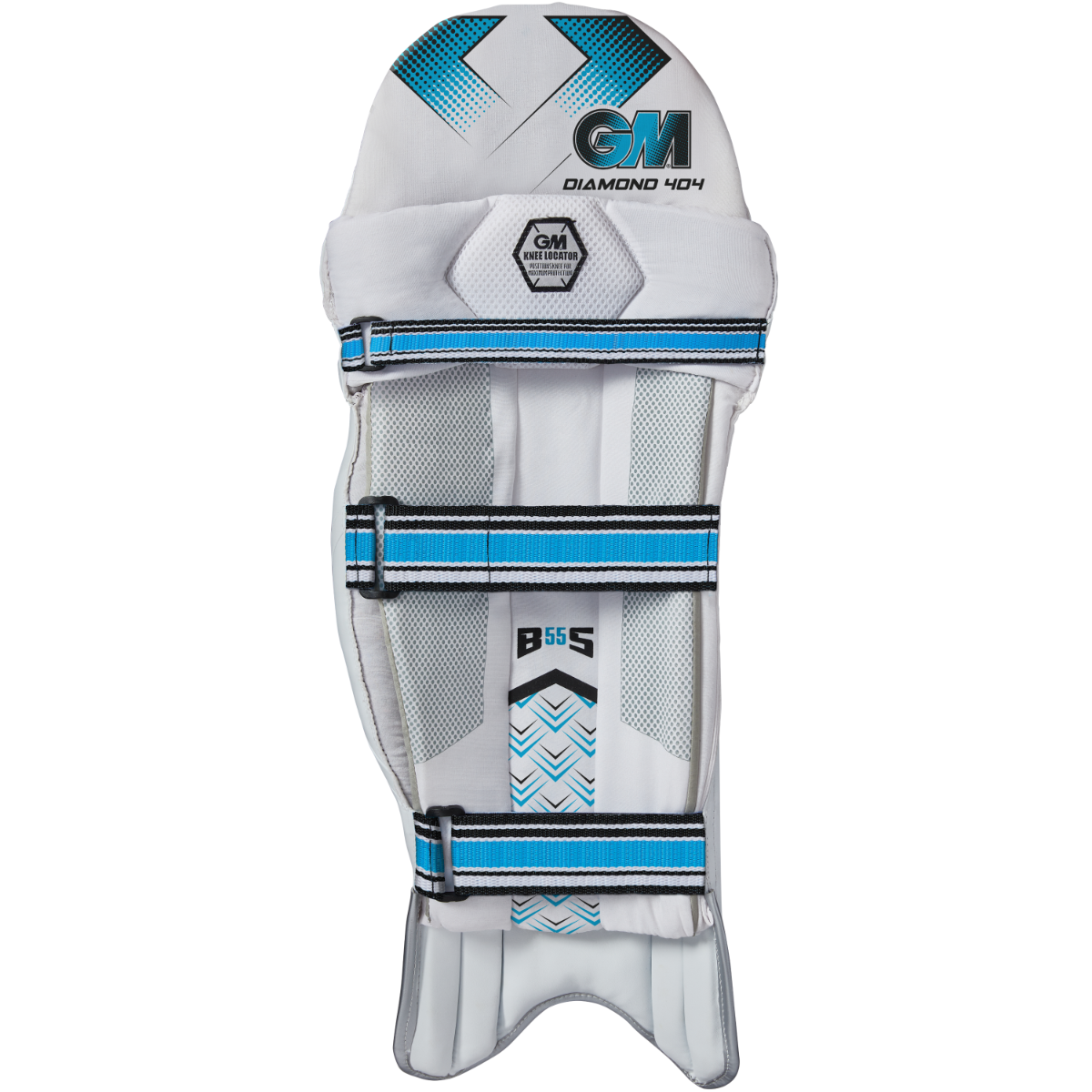 Gunn & Moore GM Cricket 404 batting pads showing the back design with padding and straps for cricket protection.