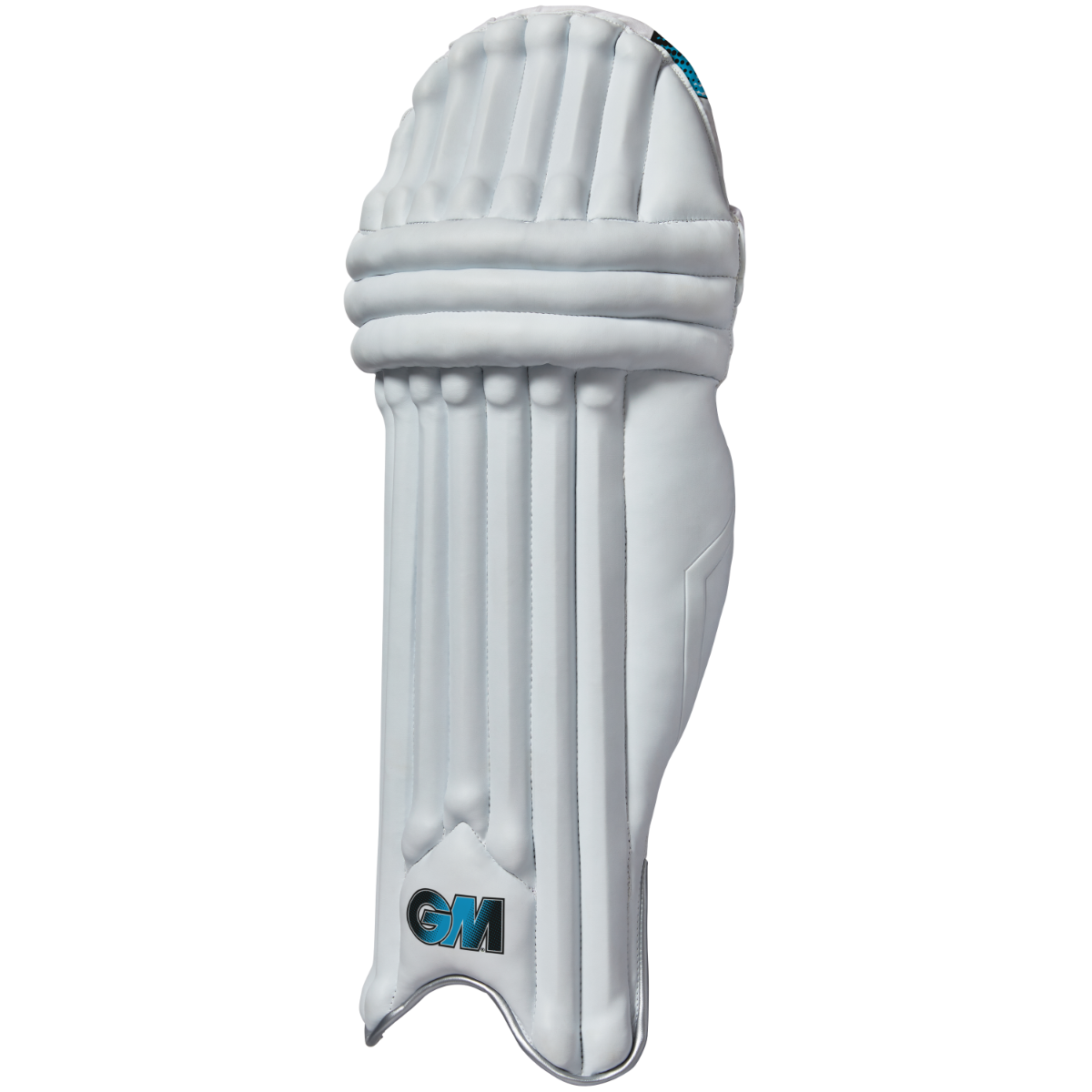 Gunn & Moore GM Cricket 404 batting pads, front view showing knee and shin protection in white and black design.
