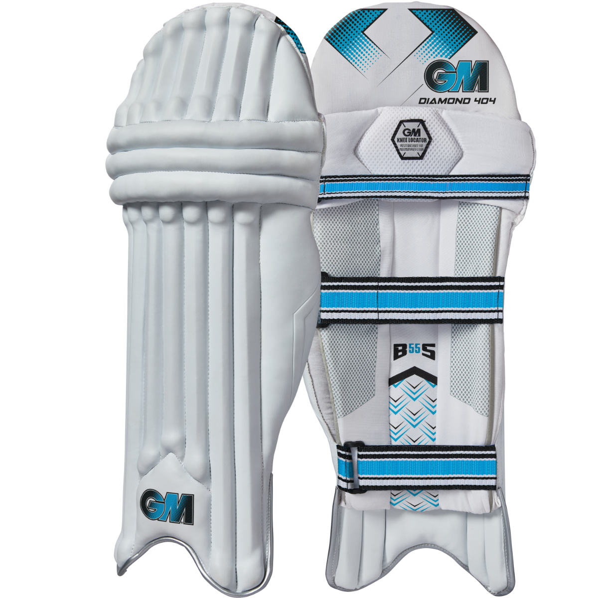 Gunn & Moore GM Cricket 404 batting pads with protective leg guards, featuring padded knee and shin areas for cricket batting.