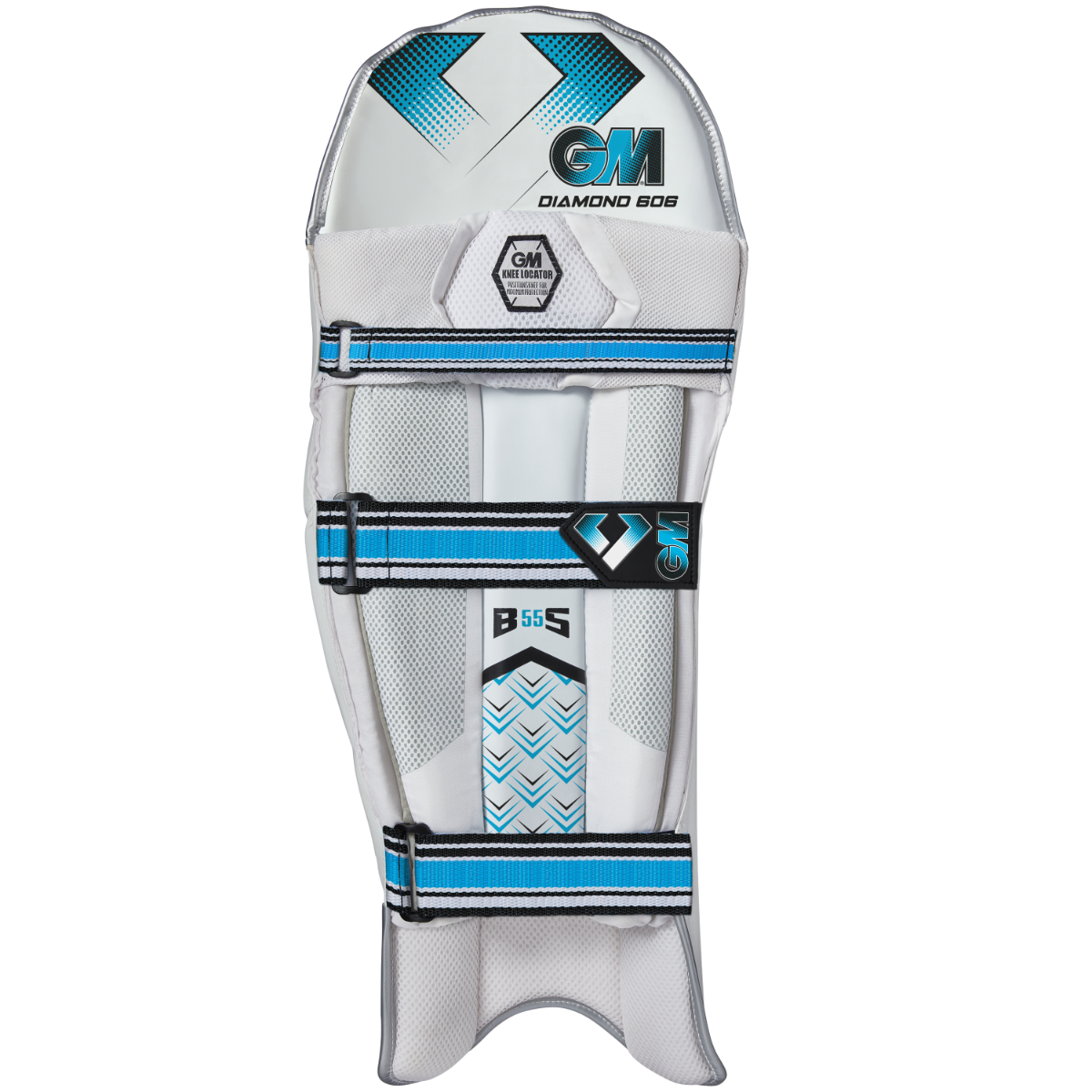 Back view of Gunn & Moore GM Cricket 606 batting pads showing padded leg protection and adjustable straps.