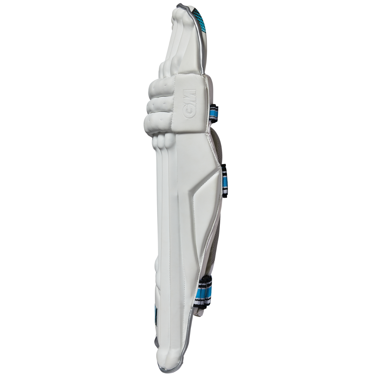 Gunn & Moore GM Cricket Original Batting Pads shown from side profile with white and blue design, padded for cricket protection.