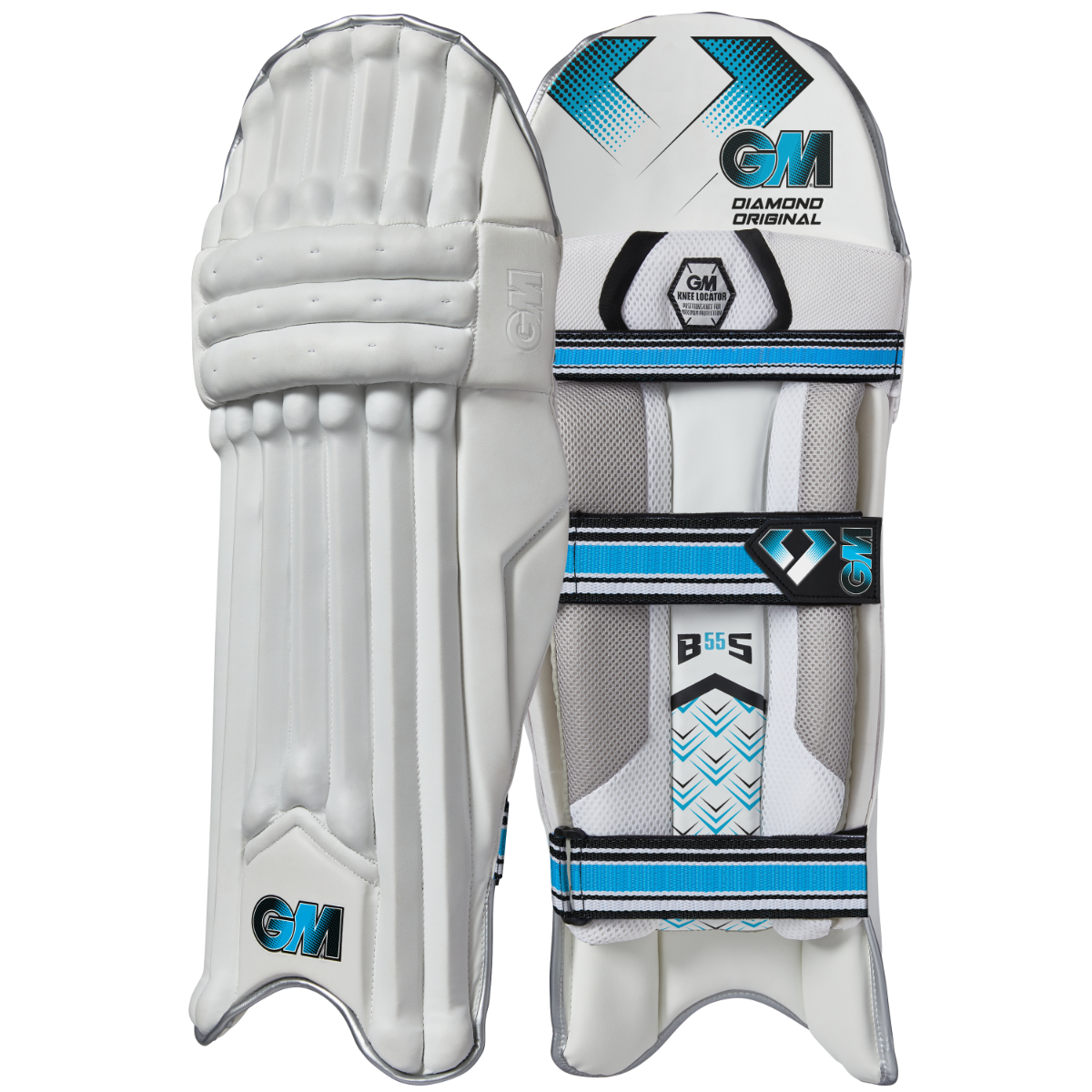 Gunn & Moore GM Cricket Original Batting Pads shown in white and navy with adjustable straps and protective padding for cricket players.