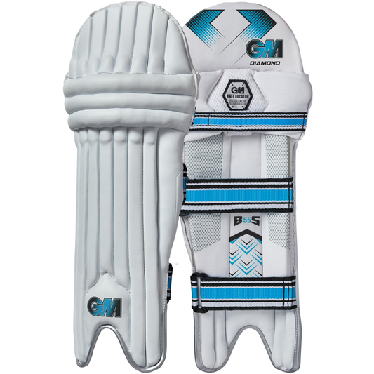 Gunn & Moore CRICKETGM batting pads with protective knee and shin guards, white and navy color for cricket batting protection.