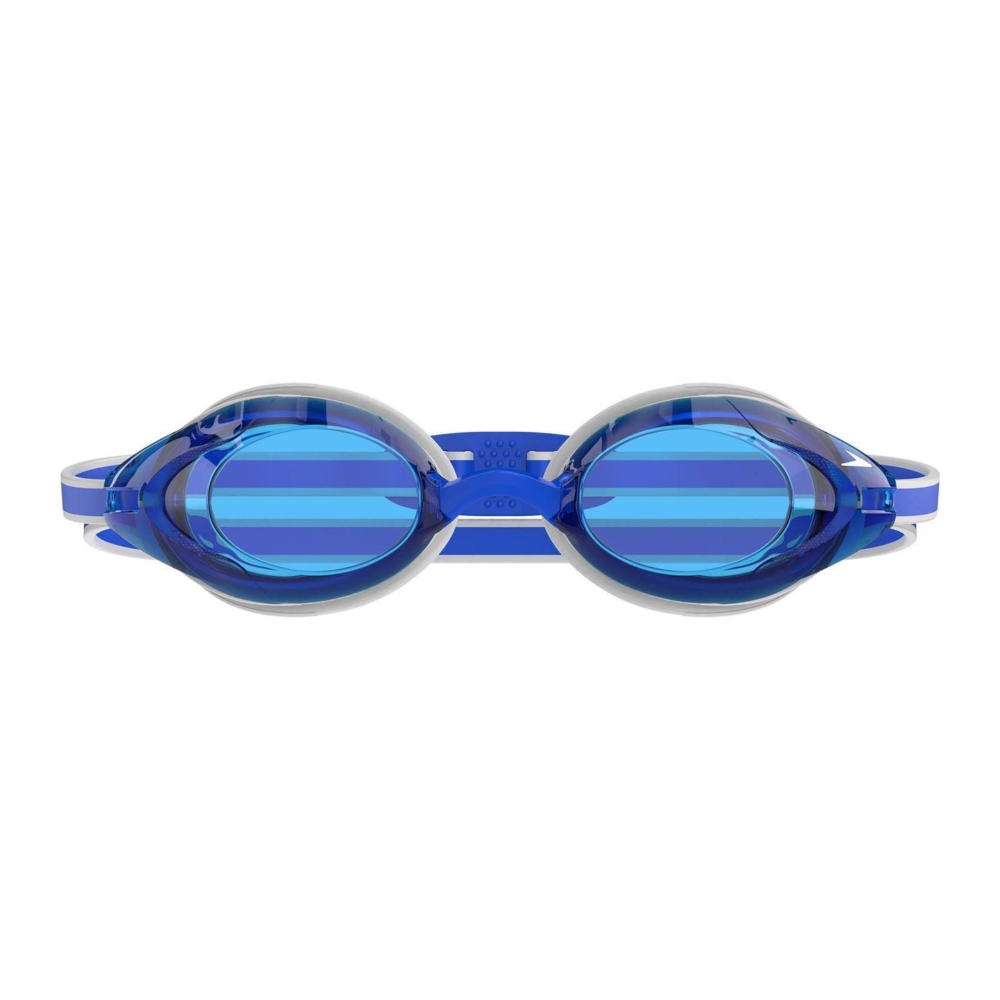 Speedo Vanquisher 3.0 swimming goggles with clear lenses and adjustable strap, designed for comfortable fit and optimal visibility.