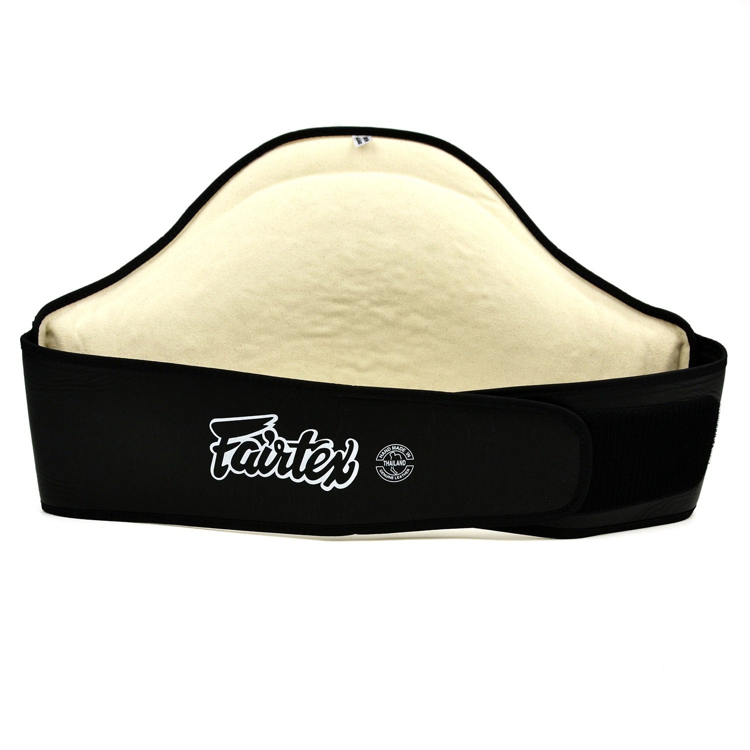 Fairtex BPV1 Standard leather belly pad in black, used for martial arts training, with padded design for protection.
