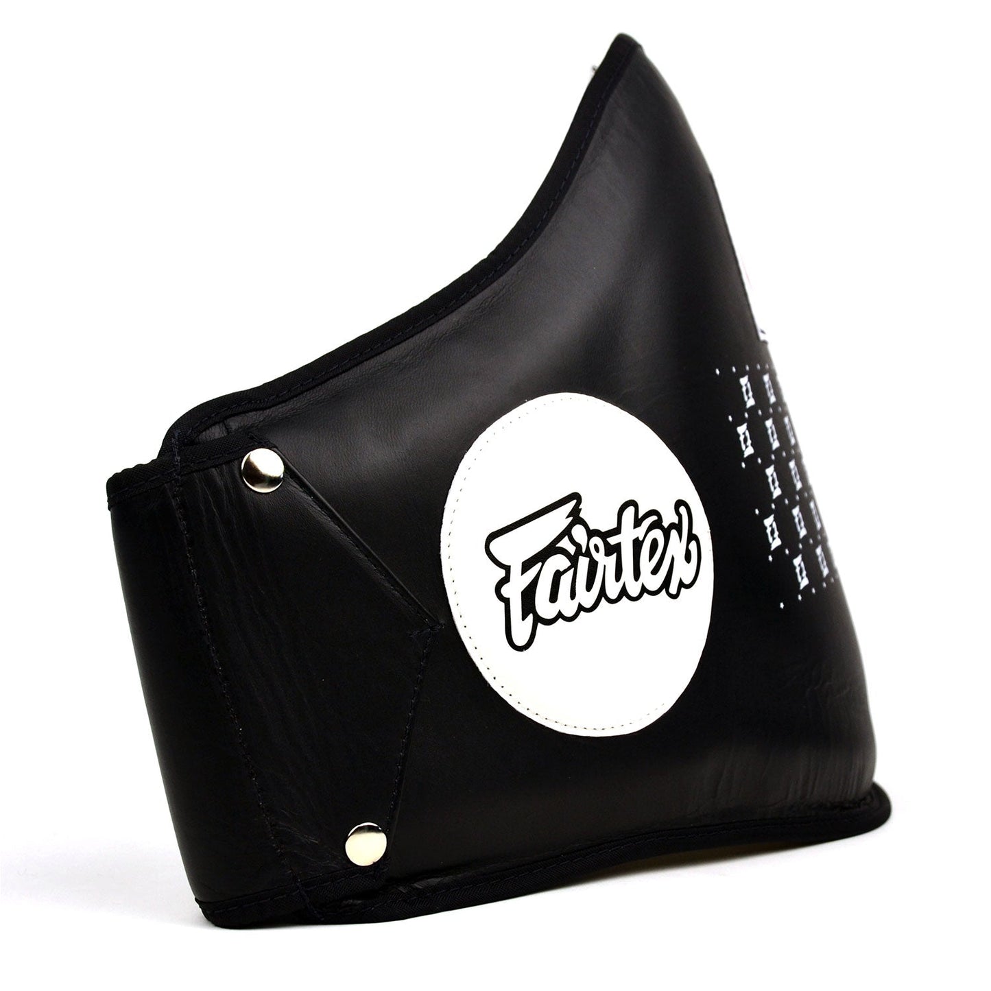 Black Fairtex BPV1 Standard Leather Belly Pad for martial arts training, with padded surface and adjustable straps.