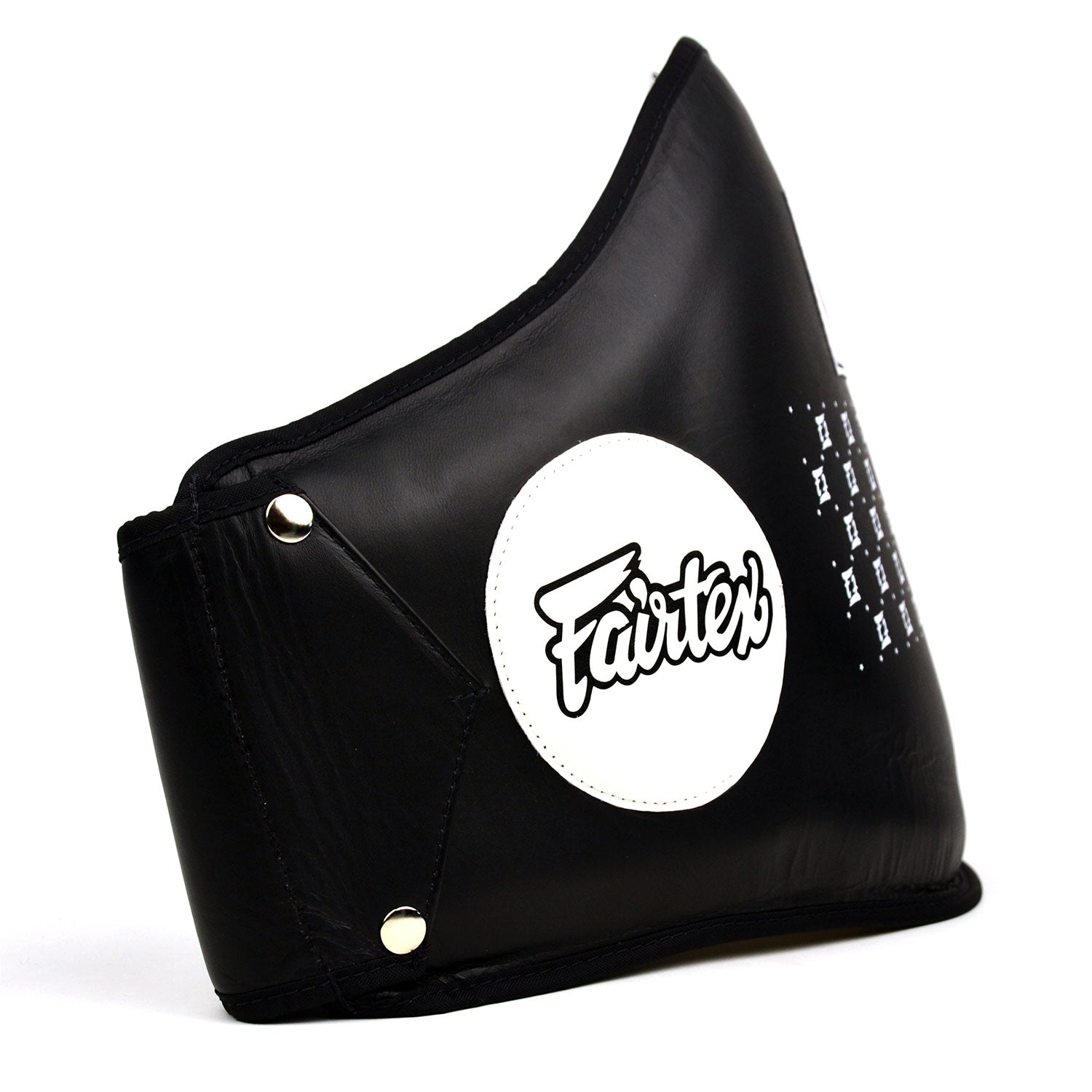 Black Fairtex BPV1 Standard Leather Belly Pad for martial arts training, with padded surface and adjustable straps.